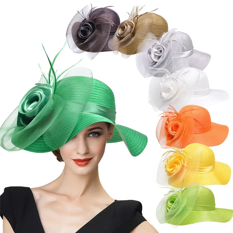 Lawliet Wide Brim Womens Satin Crin Feather Veil Flower Church Derby Race Tea Party Dress Hat A433