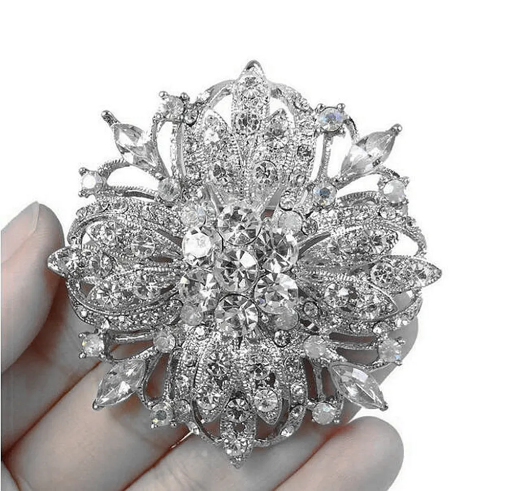 2.2 pouces Vintage ton argent motif de fleur de mariée clair strass cristal Diamante broche femmes bijoux