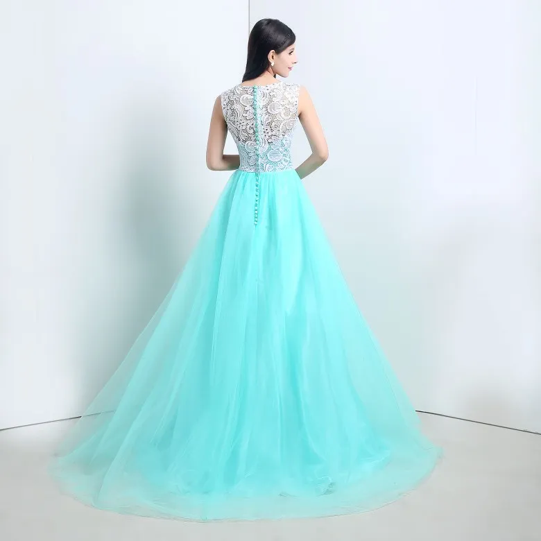 2015 New Stock Elegant A-Line Mint Green Lace Evening Dresses With Appliques Floor-Length Cheap Prom Party Gowns Vestidos De Festa
