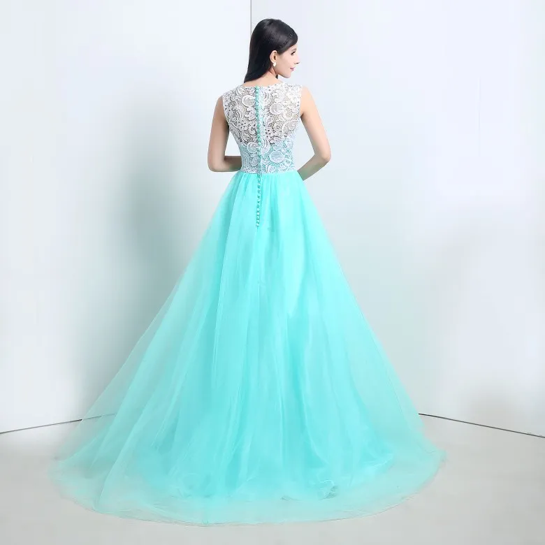 2015 سهم جديد أنيقة Aline Mint Green Lace Evening Dresses with healques plantlenge comply prom party dons Vestidos de festa567703