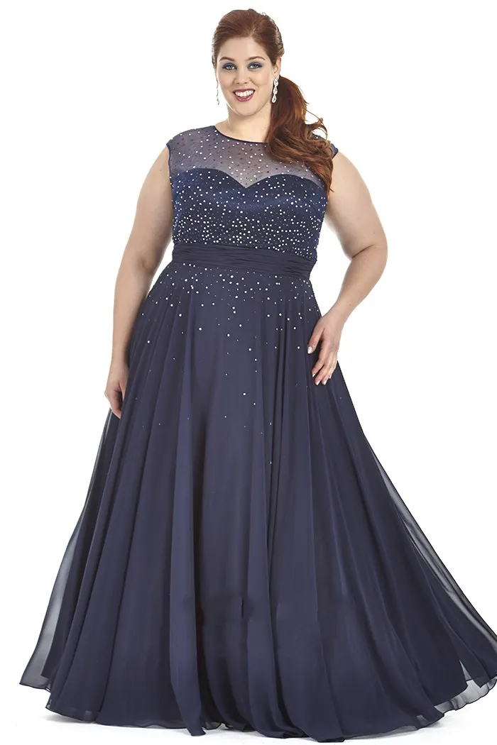 2022 Navy Blue Red Chiffon Plus Storlek Prom Dresses Plus Special Occasion Dress Bling Sequins Sheer Crew Cap Sleeve Plus Size Aftonklänningar