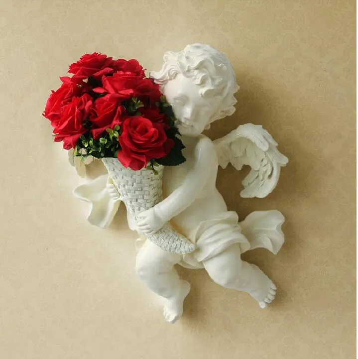 ヨーロッパ主義環境保護樹脂天使壁絹の花花瓶造花のタイの販売角の3つの枝