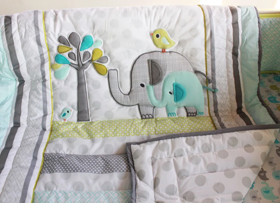 Baby bedding set 7Pcs comfortable Embroidery 3D elephant bird Baby crib bedding set include Baby quilt bed skirt quilt bumper