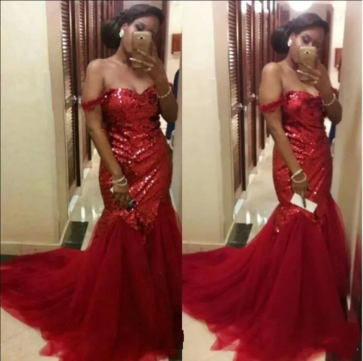 Sparkly Red Sequin Mermaid Long Prom Dresses Sexy Evening Gowns Long Evening Party Dresses off the shoulder Graduation Dresses Tulle Train