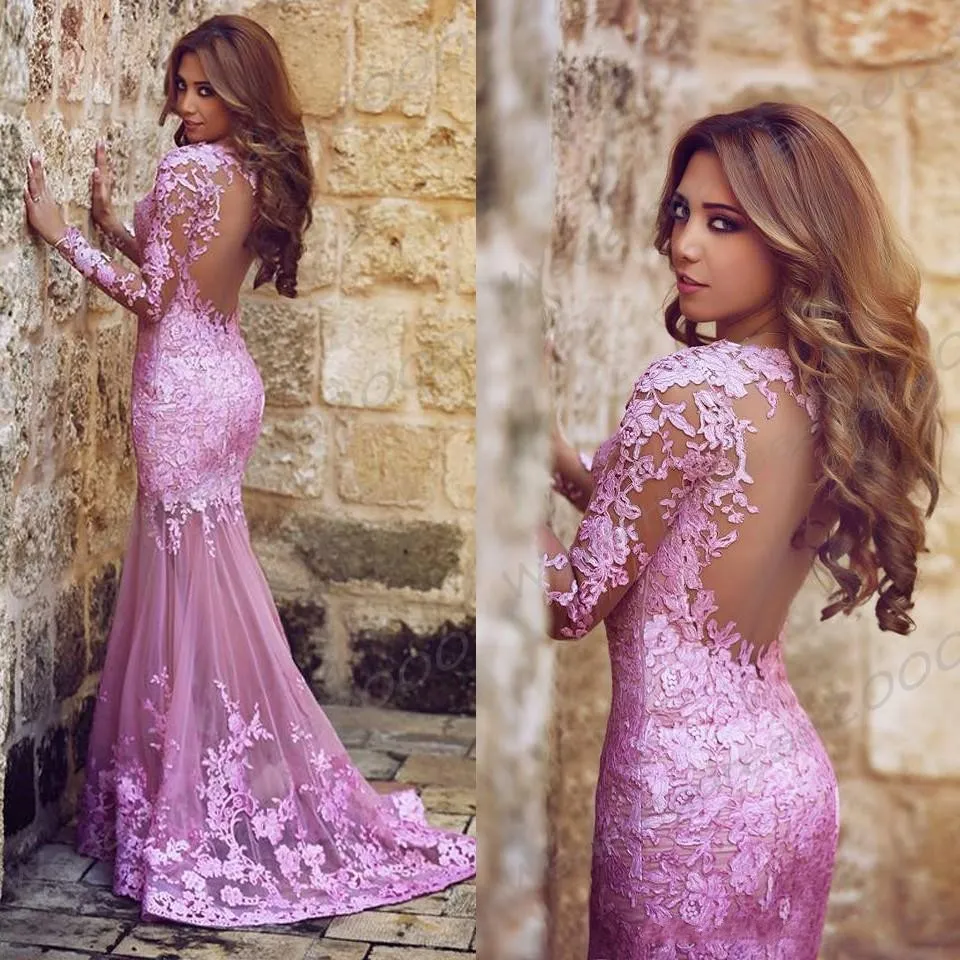 Charming Crew Neck Sequined Appliques Mermaid Prom Dresses 2015 Ruched Tulle Open Back Pink Evening Gowns Sexy Long Sleeve Formal Dresses