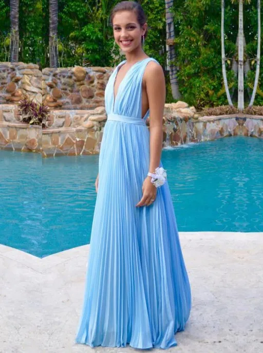 Een lijn blauwe chiffon lange prom jurken 2016 diepe v-hals backless feestjurk gedrapeerde ruches gelegenheid graduatie jurken vestidos de formaatura