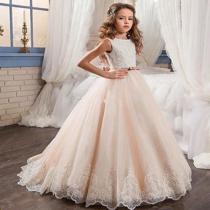 Petite reine robe dentelle blanche robes de fille de fleur fête de mariage perlée taille robe pour enfants 2021 vente 03197b