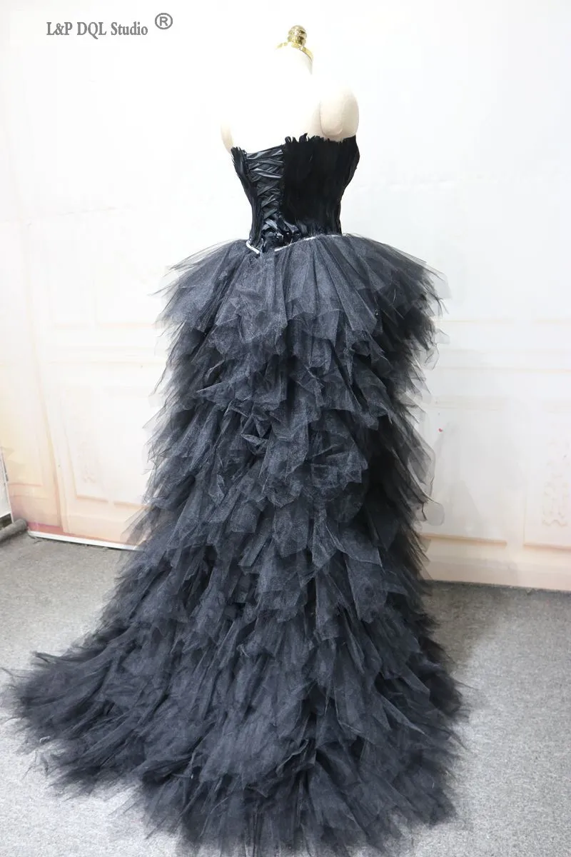 Sexy Hi Lo Black Feathers Evening Dresses Long Prom Gowns Sweetheart Sleeveless Lace-up with zipper back Shining Sash