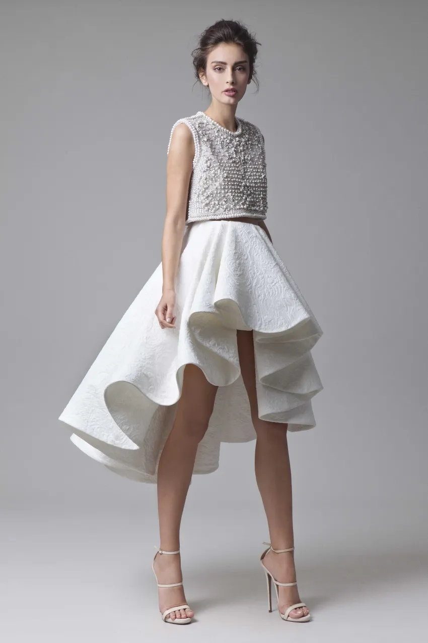 Praia Krikor Jabotian vestidos de casamento Jewel Lace frisado apliques de mangas vestidos de noiva Alta Baixa curto A-Line Vestido de Noiva