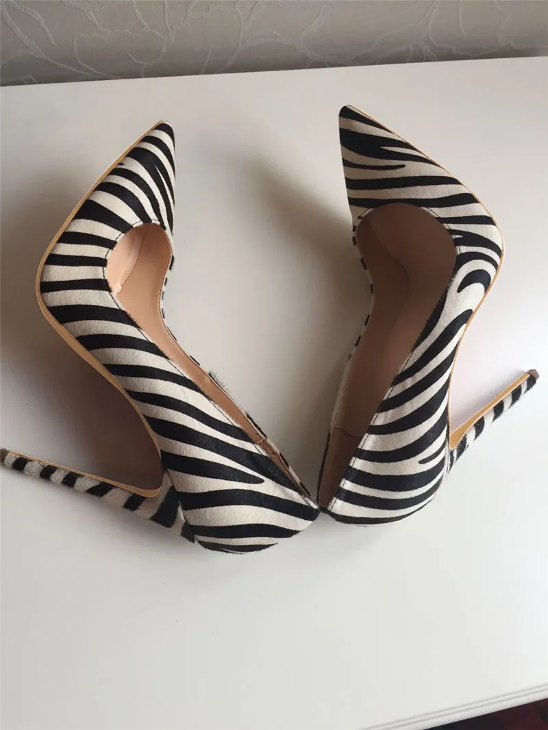 Casual Designer sexy lady fashion women shoes zebra stripe horse hair pointy toe stiletto stripper High heels Prom Evening pumps large size 44 12cm