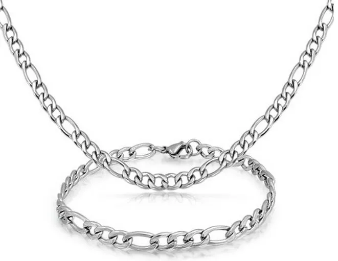 Nouveau 22 '' + 8,5 '' Ensemble de bijoux en acier inoxydable 316L 7 mm de large Figaro NK Chain Link collier bracelet pour la mode hommes femmes cadeaux ton argent
