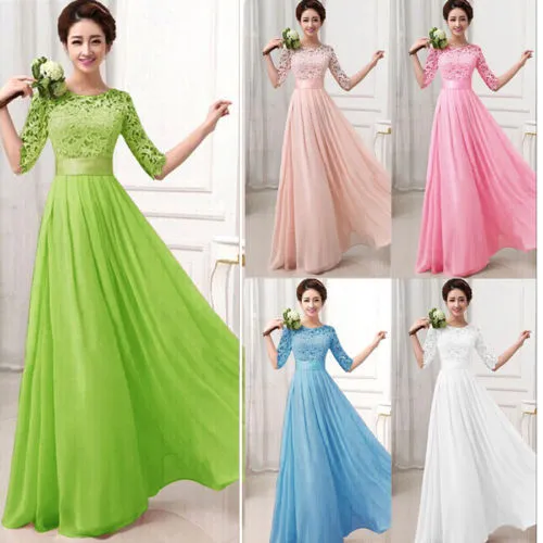 Gros-Nouvelles Femmes Demi Manches Dentelle En Mousseline De Soie Princesse Une Ligne Robe Bonbons Couleur Robes Élégantes Maxi Longue Robe Vestidos