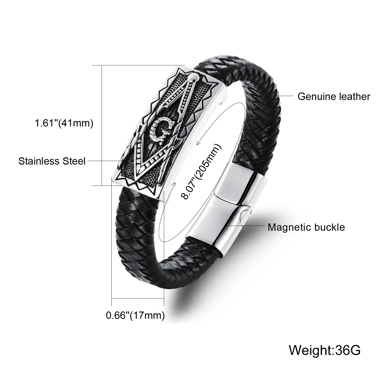 The Design is Novel Stainless Steel Magnet Clasp Genuine Leather Bracelet Freemasonry Masonic Men