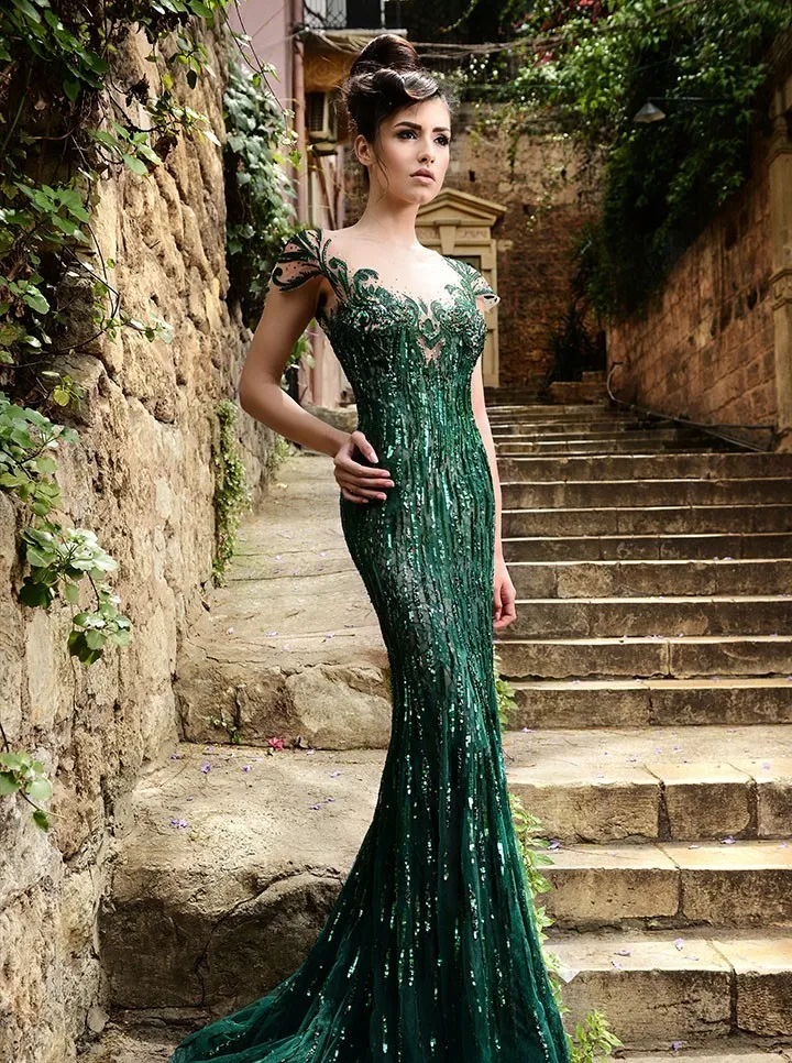 2015 Rami Salamoun Sukienki Green Prom Dresses Mermaid Scoop Cap Rękawy Sheer Back Formal Suknie Luksusowe Kryształ Zroszony Suknie Wieczorowe
