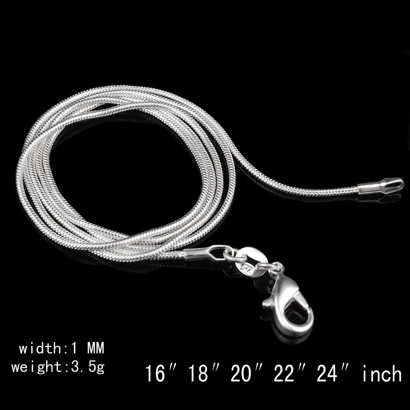 Stora kampanjer! 100 st 925 Sterling Silver Slät Snake Chain Halsband Hummer Spännen Kedja Smycken Storlek 1 mm 16 tum --- 24 tum