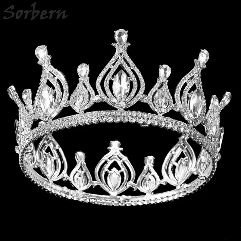 Luksusowe ślubne Headpiece Korowód Full Circle Tiara Wyczyść Austriackie Dżetów King / Queen Crown Wedding Bridal Crown Constume Party Art Deco