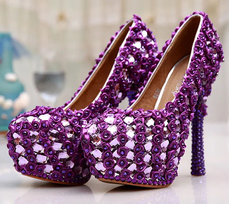 Grande Tamanho 11 Lindo Roxo Plataforma De Cristal Saltos Bombas Mulheres Wedding Party Dress Shoes 5 Polegadas de Casamento Bouquet Prom Shoes