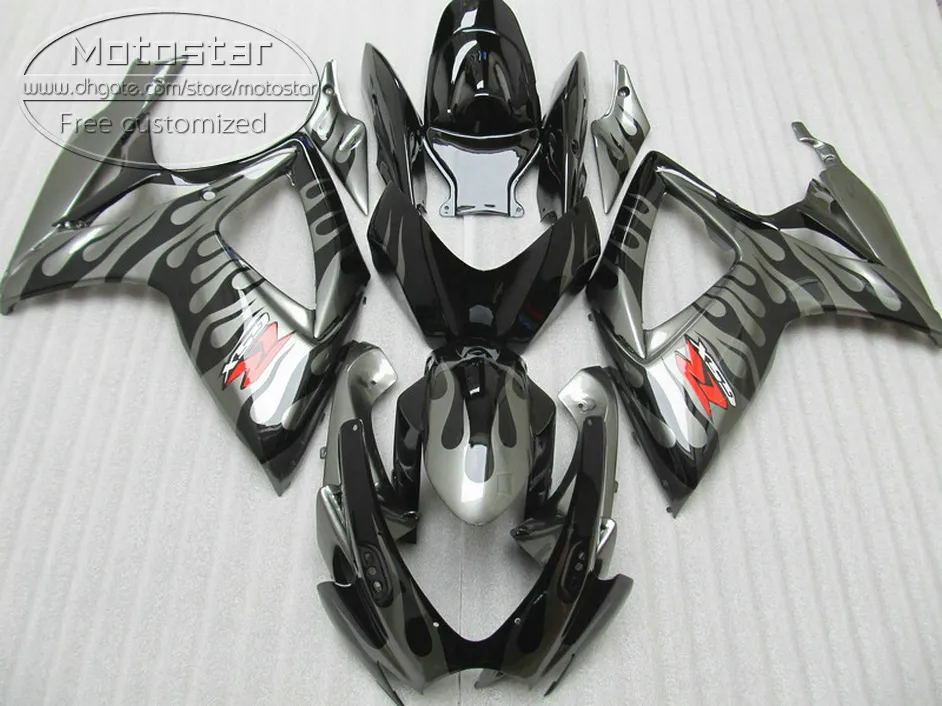 Plastic fairing kit for SUZUKI GSX-R600 GSX-R750 06 07 K6 fairings GSXR 600/750 2006 2007 gray flames in black bodywork set V24F