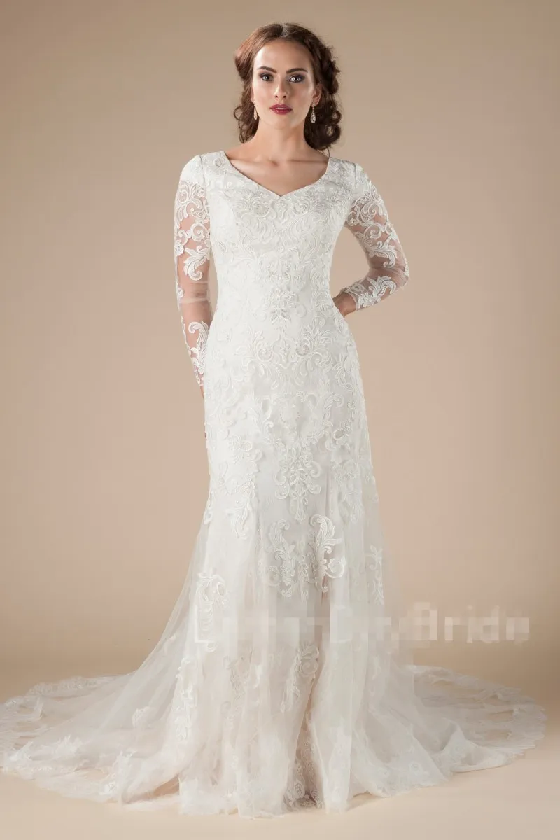 Abiti da sposa modesti con scollo a V a sirena in pizzo vintage con maniche lunghe con scollo a V e bottoni sul retro Abiti da sposa LDS country Abito da sposa formale