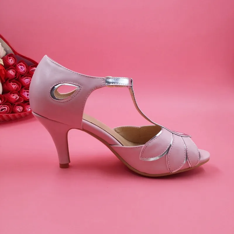 핑크 웨딩 신발 T - 스트랩 가짜 가죽 웨딩 파티 댄스 신발 키튼 힐스 여성 샌들 맞춤 제작 신부 신발 들러리 신발