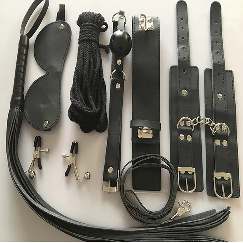 Conjunto de kit de bondage sexual, 7 peças, conjunto de produtos sexy, jogos adultos, brinquedos, algemas de mão, chicote, corda, venda, casais, brinquedos eróticos8608184