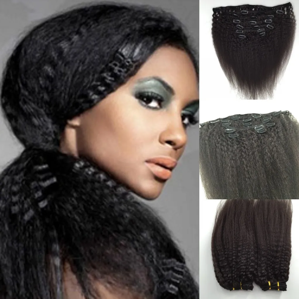 Obehandlat italienskt grov Yaki Clip i hårförlängning Brasiliansk Virgin Hair Kinky Straight Clip In Human Hair Extensions