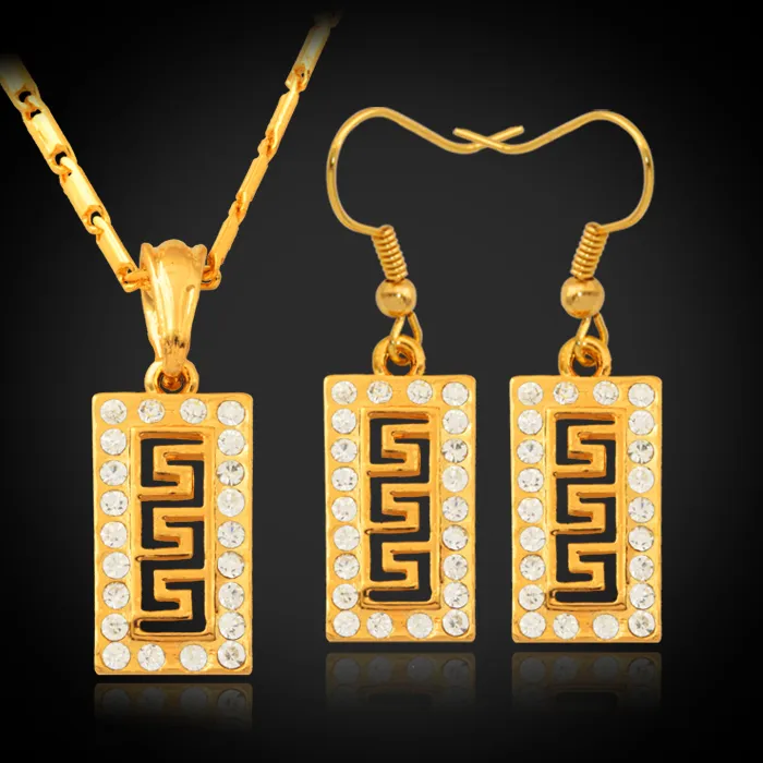Vintage Geometry Cube Pendant Earrings Choker Neckace 18K Gold Plated Austrian Rhinestone Fashion Jewelry Set For Women YS742