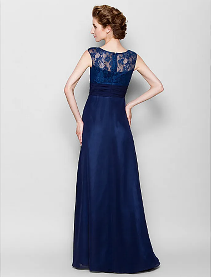 Dark Navy Mother of the Bride Dress Floor-length Sleeveless Chiffon and Lace Scoop Neck Mother's Dresses