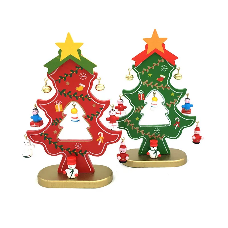 18 cm de madeira da árvore de natal com pendurado decorações sinos diy árvore de natal mesa mini ornamento presente frete grátis za5226