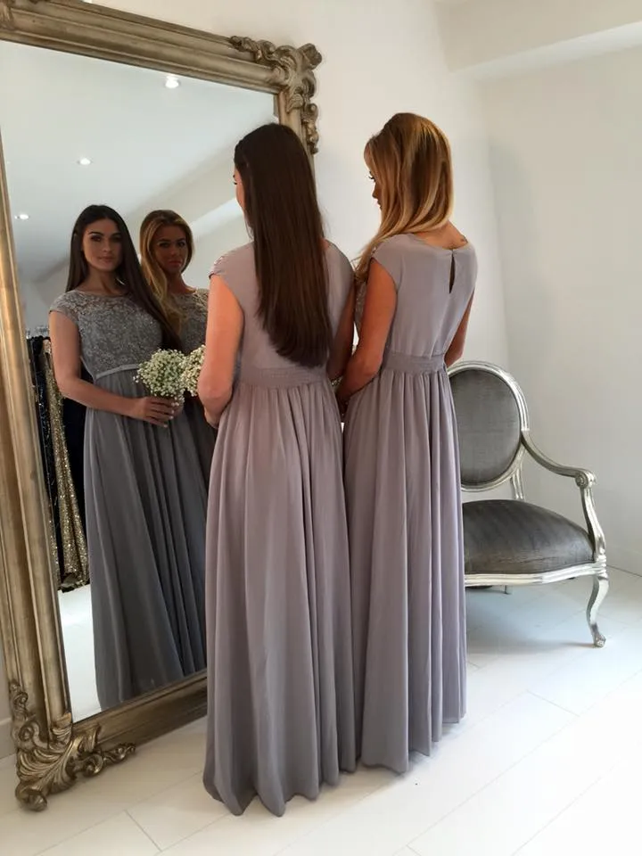 Chiffon A-Line Long Bridesmaid Dresses 2016 Prom Lacks Capped Sleeve U-Neck Pagant Party Dresses Robe de Soiree Appliques Aftonklänningar