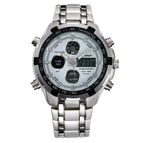 QUAMER Military Watches Men Luxury Brand Full Steel Watch Sports Fashion Quartz Multi-function LED Dual Display Wristwatch Relogio Masculino