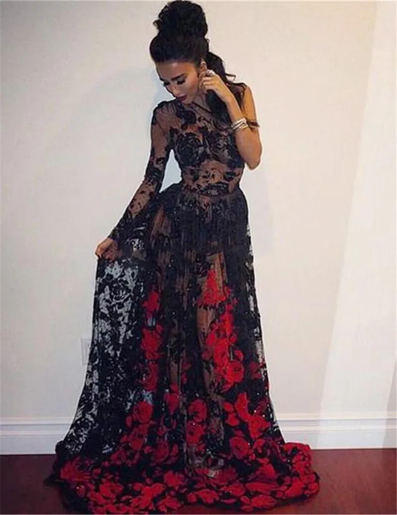 Robes de bal sexy transparentes en dentelle noire et rouge, avec des appliques, robes de soirée sud-africaines avec train de balayage, robes de soirée formelles sur mesure