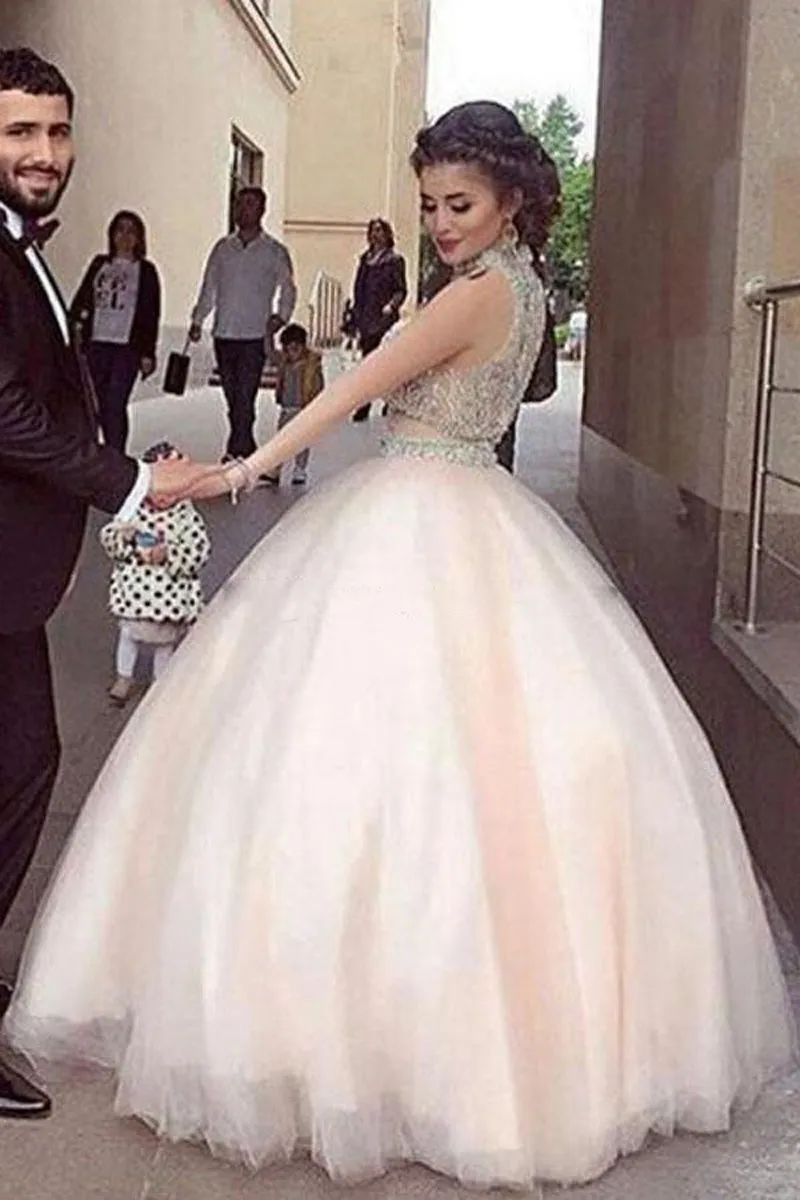 ضوء الوردي الكرة بثوب فساتين quinceanera الرقبة العالية كريستال مطرز تول الطابق طول اثنان قطعة فساتين السهرة العربية دبي بثوب رسمي مساء