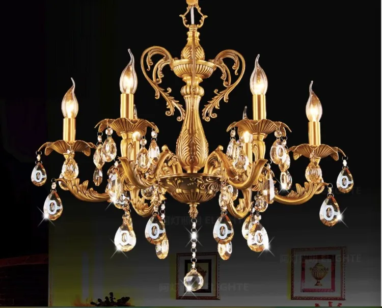 6L D620mm H580mm Bronzen Afgewerkt Messing Crystal Kroonluchter Verlichting Luxe Messing Crystal Lamp Luster Hanglamp