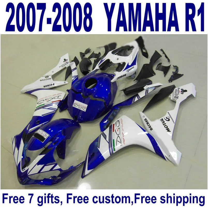 Yamaha Yzf R1 페어링 2007 2008 블루 화이트 블랙 플라스틱 페어링 키트 YZF-R1 07 08 ER66에 대한 최저 가격 차체 세트