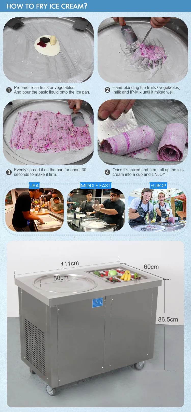 Free shipment ETL CE Kitchen Single round pan 6 cooling tanks instant thai fry roll ice cream sanck food machin