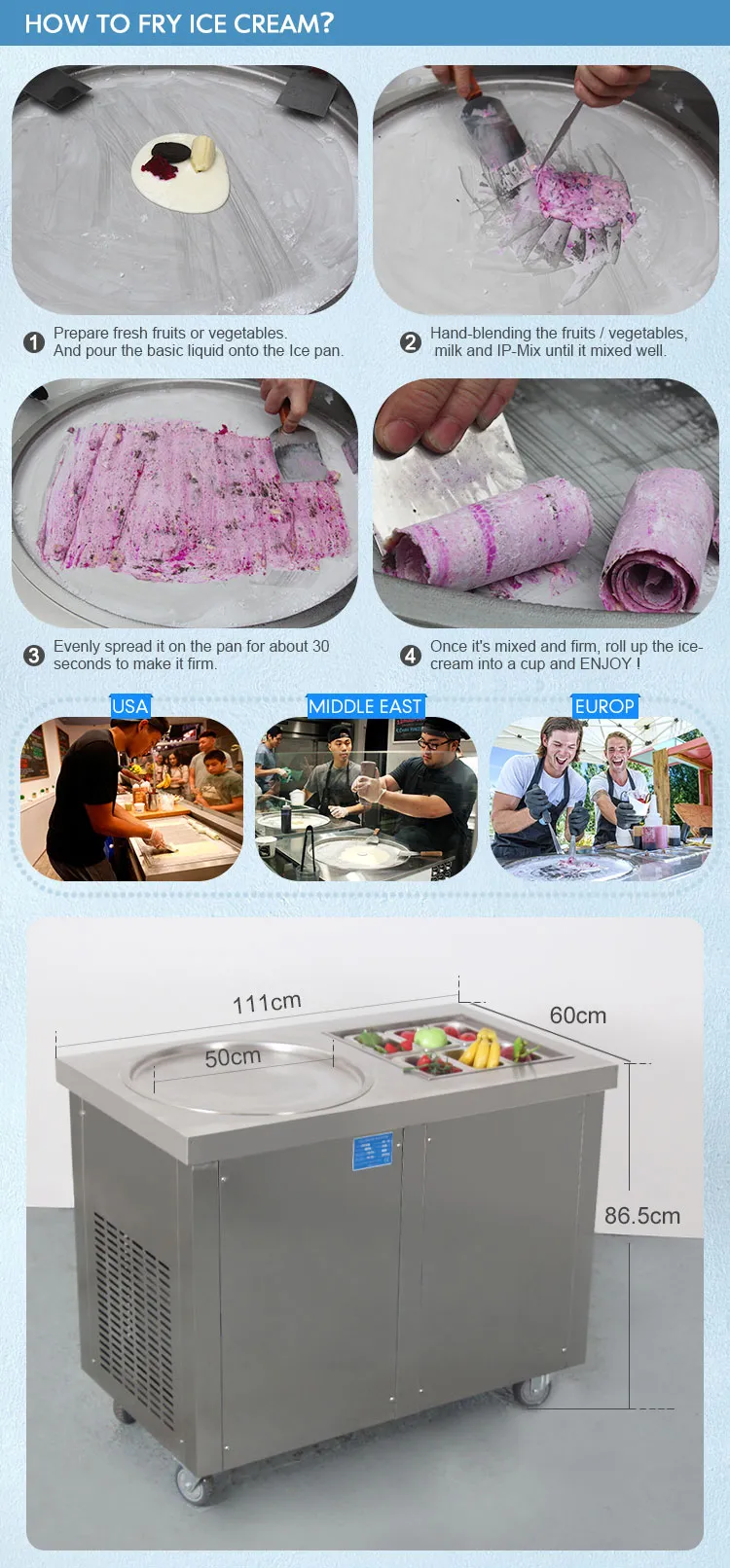 Free shipment to door ETL CE kitchen equipment fry ice cream roll machine with 6 precooling buckets