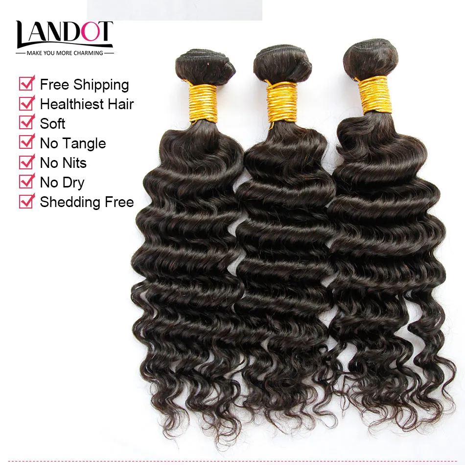 Indisk Virgin Hair Deep Wave With Closure 8a Obehandlat Curly Human Hair Weaves 3 buntar och Top Lace Stänger Naturliga svarta Wefts