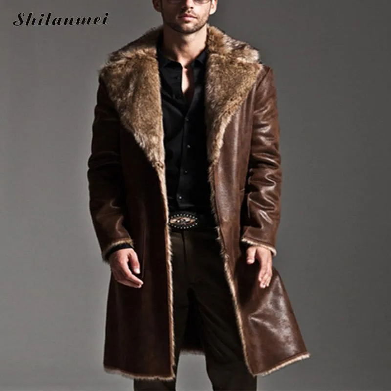 도매 - 새로운 패션 남자 겨울 모피 가죽 자 켓 롱 코트 양면 착용 두꺼운 방수 가역 남자 오버 코팅 남성 플러스 크기 7XL