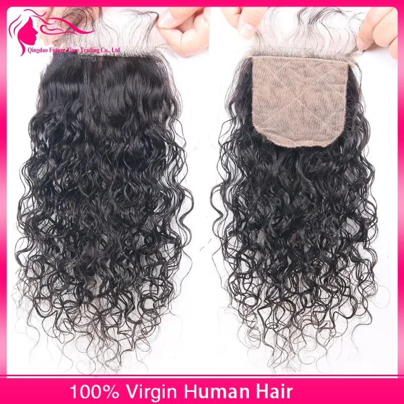 Molhado e Ondulado Feixes de Tecer Cabelo Humano Malaio Com Parting Gratuito 4x4 Fechamento Base de Seda Muito Onda de Água Do Cabelo Humano Wefts Extensões