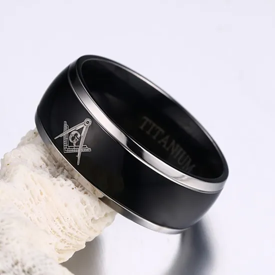 Mannen Ring Hoge Kwaliteit Tungsten Staal IP Black Plated Gepolijst Vrijmetselaars Patroon Mode Jewlery Zwart Maat 9-12