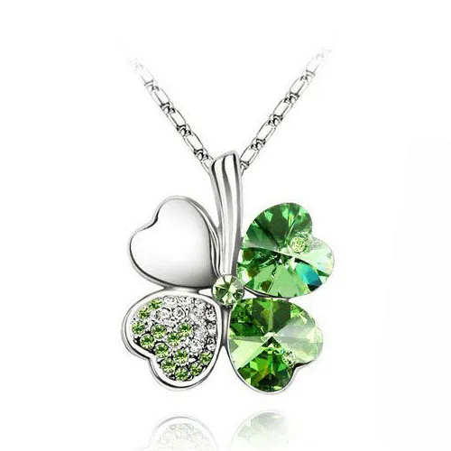 Clover Necklaces Silver Plated Chain Crystal Necklace Heart Lucky Four Leaf Clover Pendant Necklaces