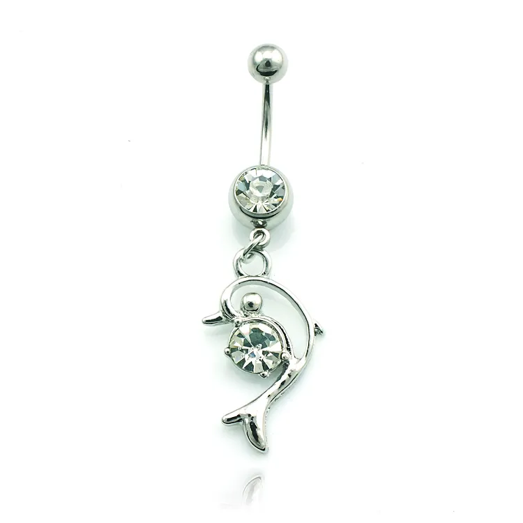 Gloednieuwe Belly Button Rings Roestvrijstalen Dangle 2 Kleur Crystal Dolphin Navel Body Piercing Sieraden