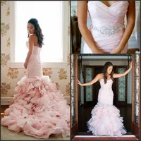 Vestidos De Novia New Sweetheart Pink Ruffled Organza Mermaid Wedding Dresses 2015 Bridal Gown Robe De Mariage Lace Up Back