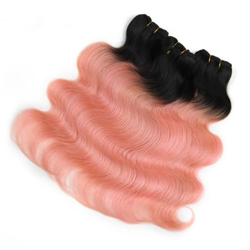 Body Wave 1B / Oro rosa Ombre 4x4 Chiusura superiore in pizzo con intrecci Rosa rosa Ombre Capelli umani vergini indiani 3 Bundles con chiusura in pizzo