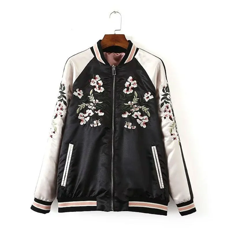 Vente en gros - Fleur brodée Phoenix Bird 2016 Femmes Satin Bomber Jacket Basic Manteaux Pilotes Survêtement Vestes Rose Les Deux Côtés Portent