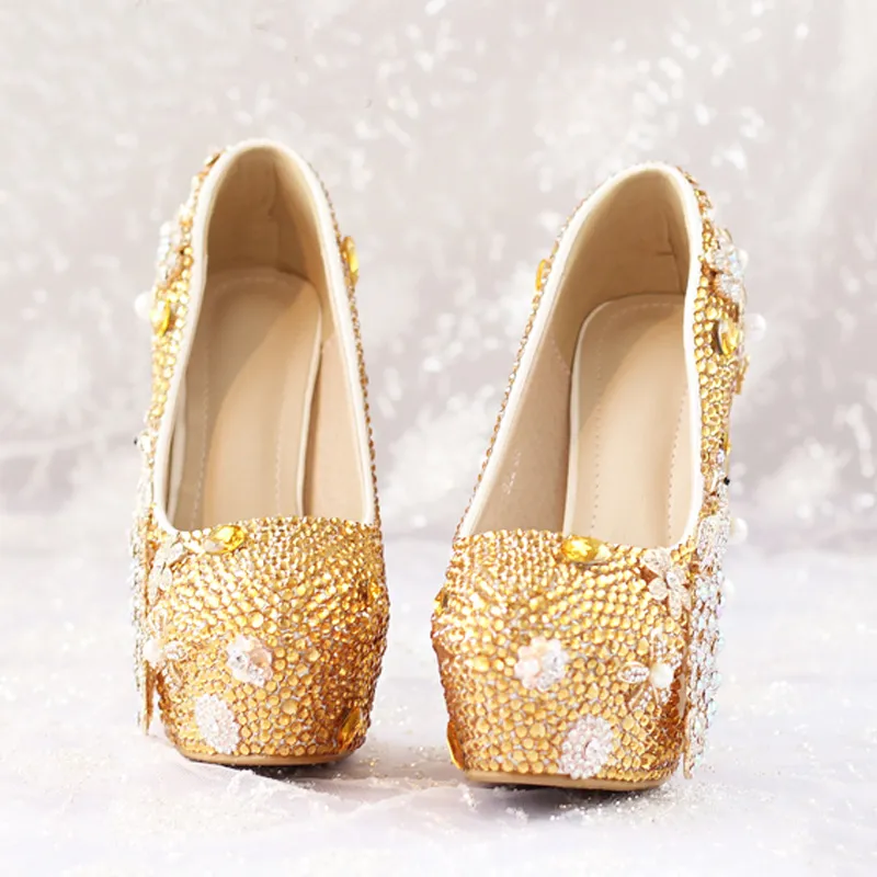 Glitter Gold Rhinestone Wedding Shoes 5 Inches High Heel Party Pumps Bling Diamond Evening Prom Heels Celebrity Function Shoes