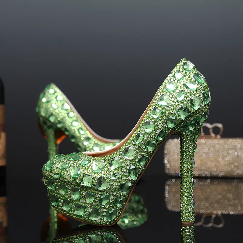 Rund tå rhinestone plattform högklackade fuchsia och gröna bröllopskor kristall dam skor lyx kväll fest skor