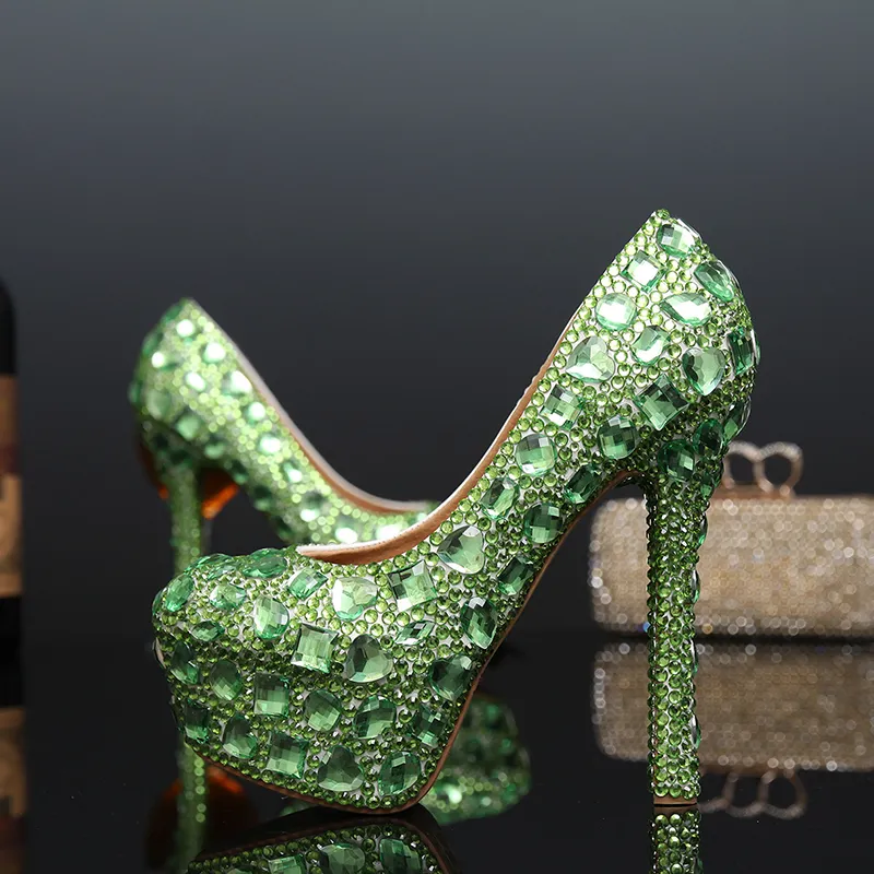 Round Toe Rhinestone Platform High-Heeled Fuchsia and Green Wedding Shoes Crystal Lady Shoes Luxury Evening Party Shoes