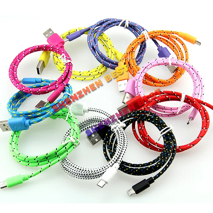 Darmowa dostawa !! Kolorowe Nowe 1M Tkanina Nylon Pleciony Kabel Micro USB do Samsung do BlackBerry dla HTC Tkaniny Pleciony Kabel 50 sztuk / partia